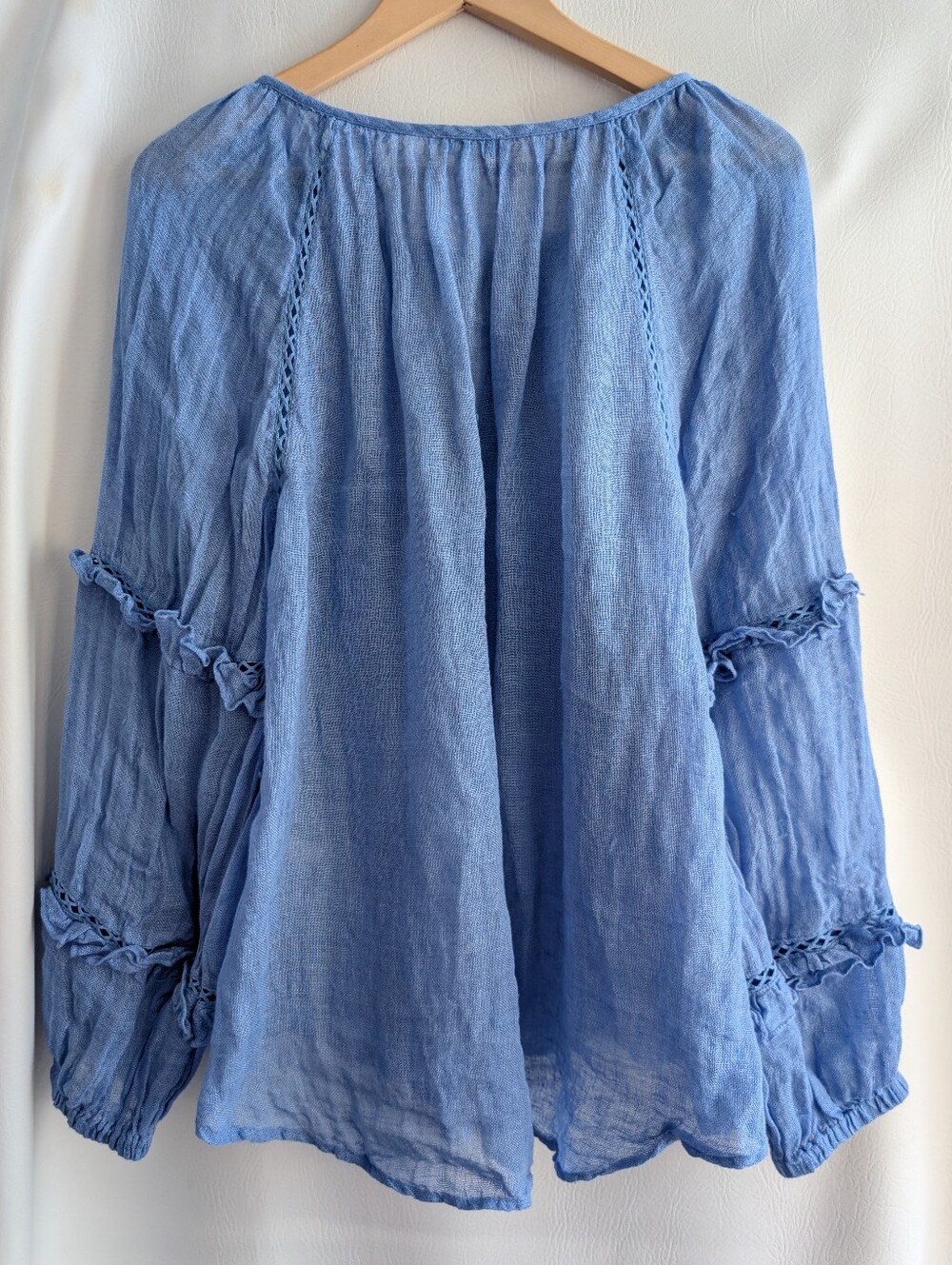 Sundance Linen Light Blue Boho Tassel Peasant Blouse - M - Picture 6 of 14